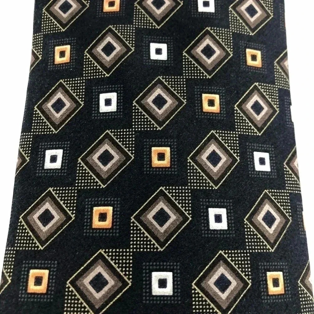 Valerio Garati Necktie Mens OS Black Brown Geometric Diamond Pure Silk Hand Made